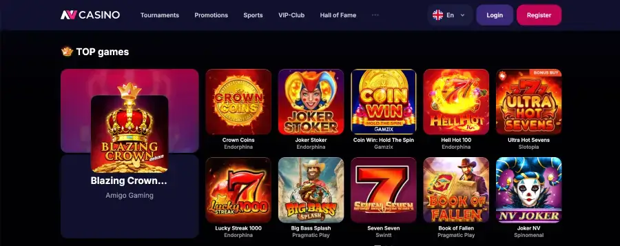 NV Casino Spielkatalog mit Top Games und Providern