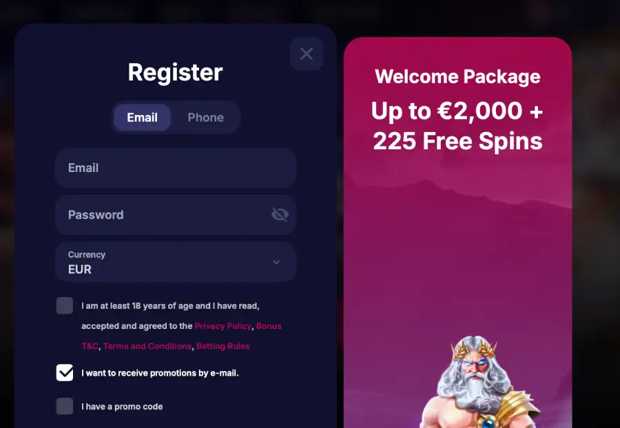 NV Casino Registrierungsformular mit EUR Konto und Bonuspaket
