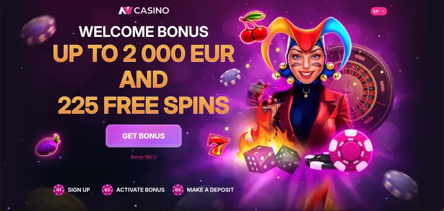 NV Casino Startseite mit Navigation, Login und Register Buttons